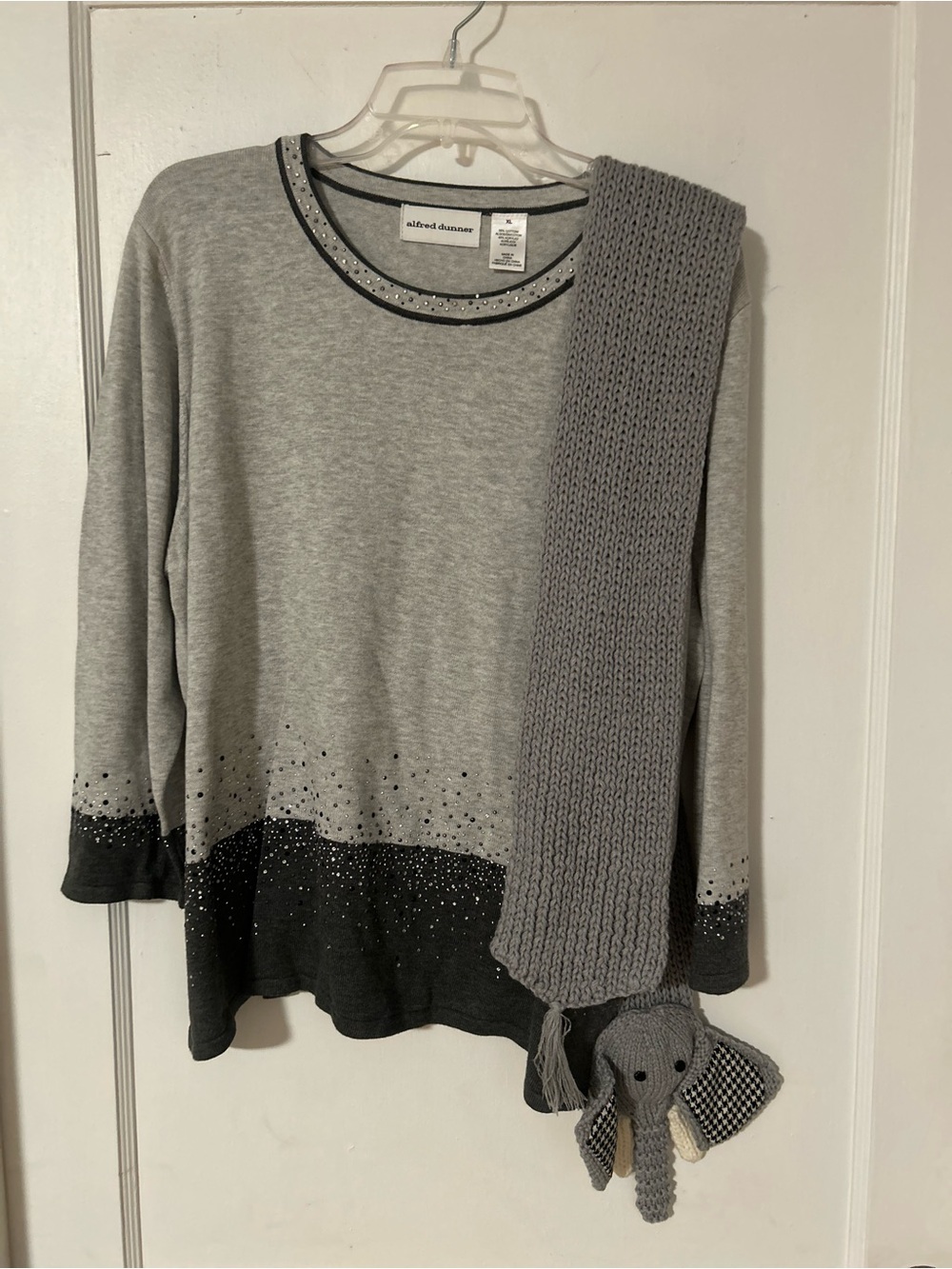 Alfred Dunner Light Gray & Dark Gray Rhinestone Accent Long-Sleeve Top